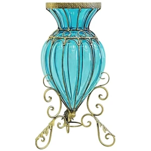 Blue Colored European Glass Floor Home Decor Flower Vase with Metal Stand