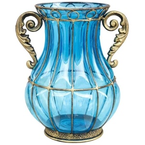 Blue Colored European Glass Home Decor Flower Vase with Two Metal Handle