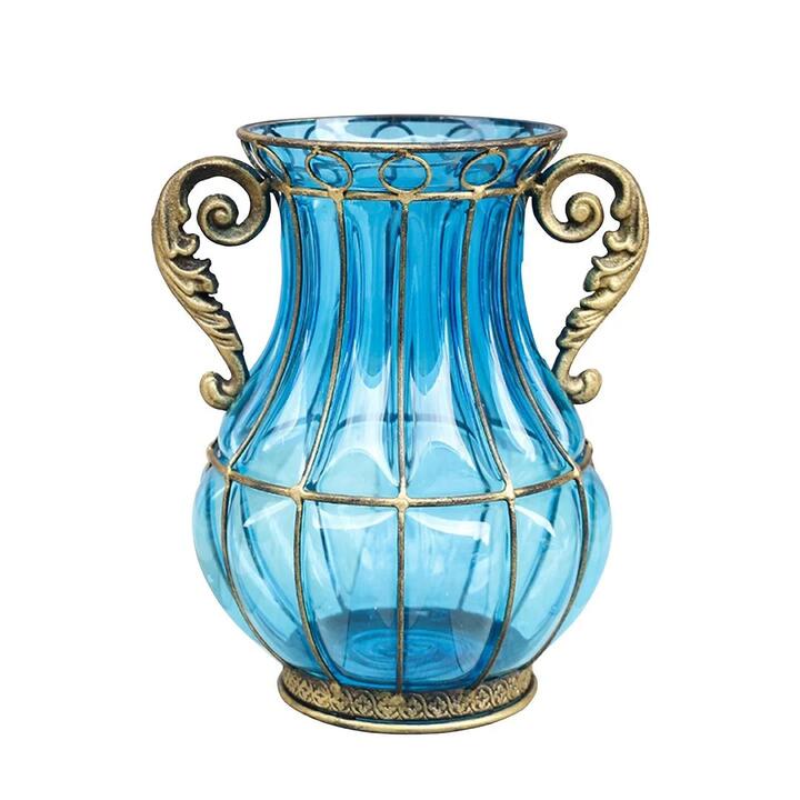 Blue Colored European Glass Home Decor Flower Vase with Two Metal Handle