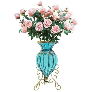 Blue Colored Glass Floor Flower Vase 8 Bunch 5 Heads Artificial Fake Silk Rose Home Decor Set