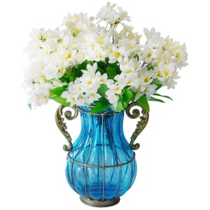 Blue Colored Glass Flower Vase with 10 Bunch 6 Heads Artificial Fake Silk Lilium nanum Home Decor Set