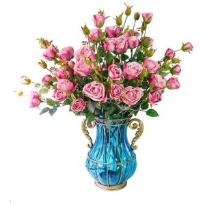 Blue Colored Glass Flower Vase with 10 Bunch 6 Heads Artificial Fake Silk Rose Home Decor Set