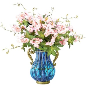 Blue Colored Glass Flower Vase with 8 Bunch 3 Heads Artificial Fake Silk Hibiscus Home Decor Set