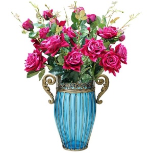 Blue Colored Glass Flower Vase with 8 Bunch 5 Heads Artificial Fake Silk Rose Home Decor Set