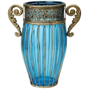 Blue European Colored Glass Home Decor Jar Flower Vase with Two Metal Handle