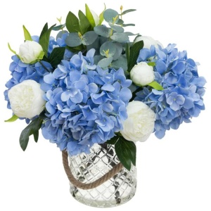 Blue Hydrangea & Peony Mixed Artificial Fake Plant Decorative Arrangement 38cm In Maison Jar