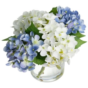 Blue & White Hydrangea Artificial Fake Plant Decorative Mixed Arragement 18cm In Glass