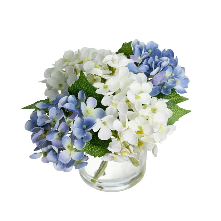 Blue & White Hydrangea Artificial Fake Plant Decorative Mixed Arragement 18cm In Glass