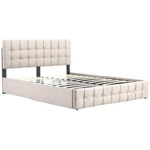 Button Tufted Modern Bed Frame Double Size With Storage Drawers Beige