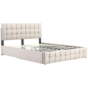 Button Tufted Modern Bed Frame Double Size With Storage Drawers Beige