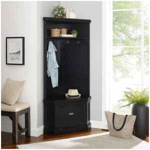 Carlo Corner Hall Tree Coat Rack Shoe cabinet Distressed Black