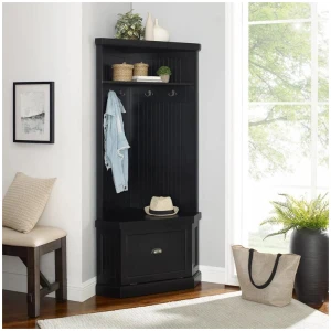 Carlo Corner Hall Tree Coat Rack Shoe cabinet Distressed Black