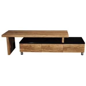 Charlene Extendable TV Stand Cabinet Entertainment Unit - High Gloss Black Body - Antique Oak Top and Drawers