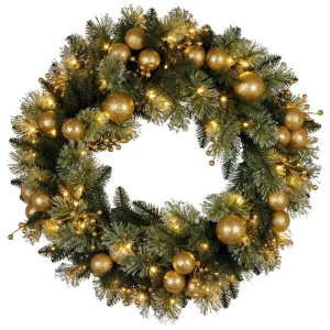 Christabelle 61cm Christmas Wreath Glittery Tipped with LED Lights and Golden Baubles Front Door Decoration Ornament
