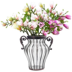 Clear Glass Flower Vase with 6 Bunch 4 Heads Artificial Fake Silk Magnolia denudata Home Decor Set