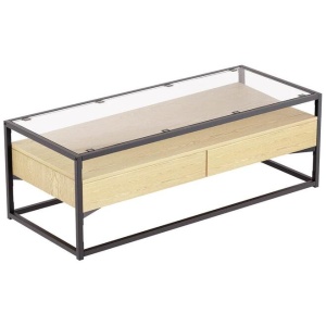 Coffee Table 2 Drawers Glass Tabletop Pine