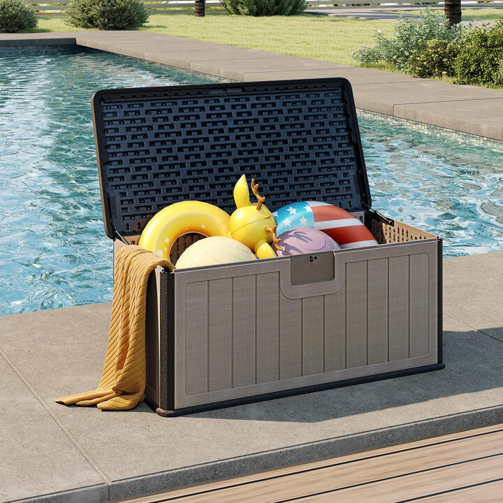 Costway378 L Large Deck Box 200kg Weight Capacity Resin Storage Bench with Lockable Lid-Dark Grey