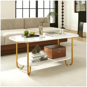 CostwayModern 2-tier Faux Marble Top Coffee Table with Rounded Corners and Storage Shelf-White