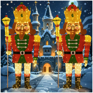 CostwayPre-lit Outdoor Christmas Lightened Nutcracker King Decoration-2 Pieces