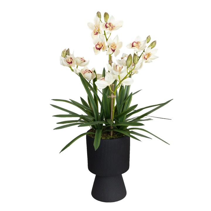 Cream Cymbidium 90cm Artificial Plant Flower Arrangement Decorative In Ripple Pot