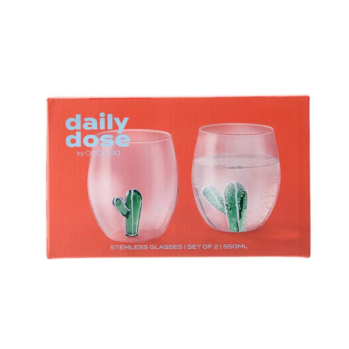 Daily Dose by Ambrosia Set of 2 Stemless Glasses Cactus