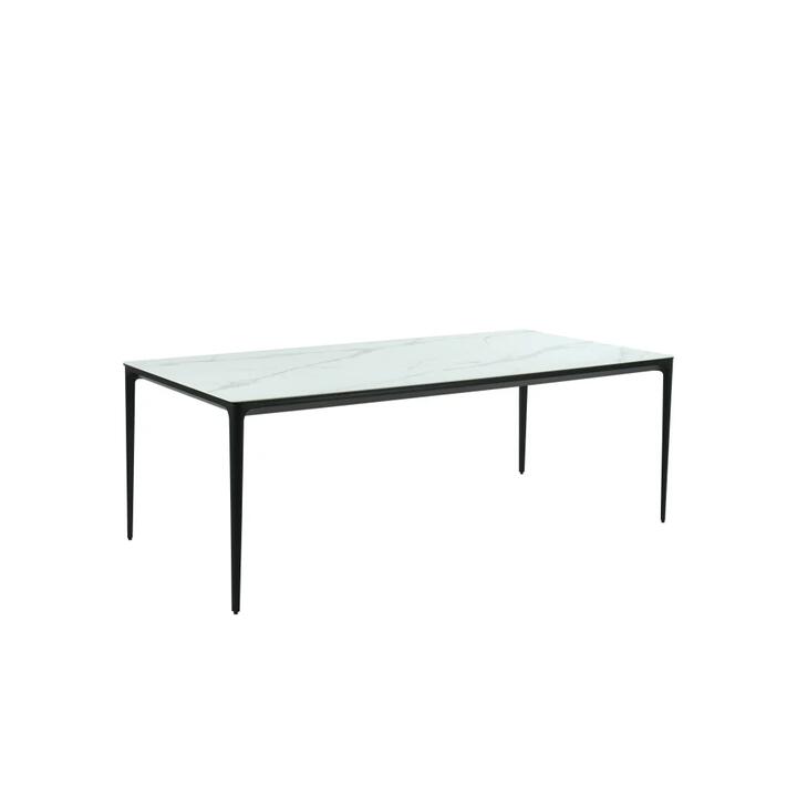 Demaris Stone Effect Ceramic Large Outdoor Kitchen Dining Table 210cm Metal Frame White Marble