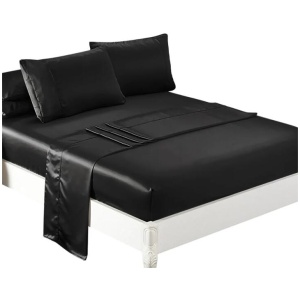 DreamZ Silky Satin Sheets Fitted Flat Bed Sheet Pillowcases Summer Queen Black