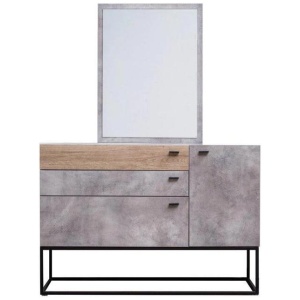 Dresser Sideboard Buffet Unit With Mirror - Black Metal Legs - Dark Oak / Cement Grey