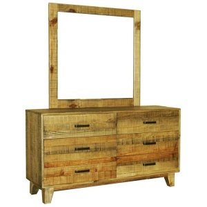 Dresser with 6 Storage Drawers in Solid Acacia With Mirror in Vintage Light Brown Colour