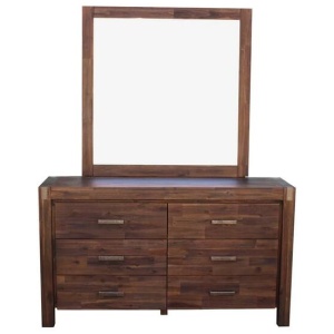 Dresser with 6 Storage Drawers in Solid Acacia & Veneer With Mirror in Chocolate Colour