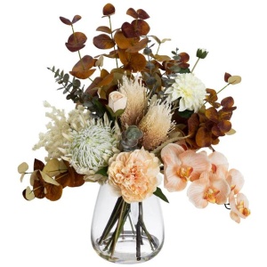 Dried Look Floral 62cm Mixed Artificial Faux Flower Plant Decorative Arrangement In Glass