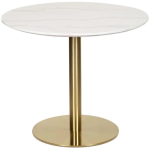 Elskar Round Dining Table With Marble Effect 90cm - Gold Metal Frame - White Agaria