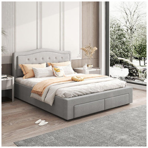 Emily Bed Frame Queen Size Velvet Fabric Grey Four MDF Drawers with Wheels