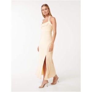 Forever New Women's Alice Halter Satin Maxi Dress in Vanilla Custard