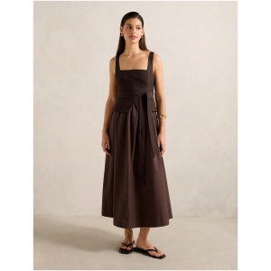 Forever New Women's Celina 2 in 1 Linen Cotton Midi Dress in Dark Chocolate