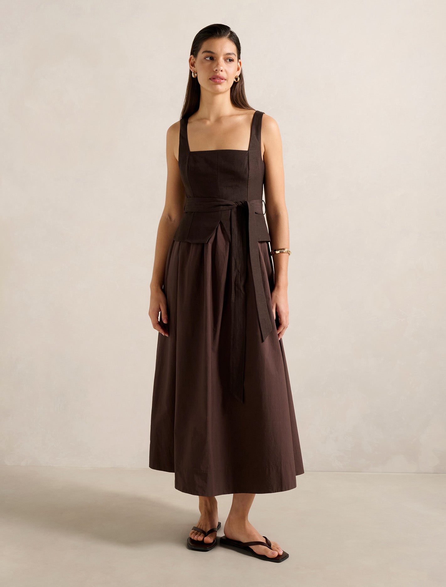 Forever New Women's Celina 2 in 1 Linen Cotton Midi Dress in Dark Chocolate