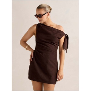 Forever New Women's Cinzia Tipped Shoulder Linen Mini Dress in Dark Chocolate
