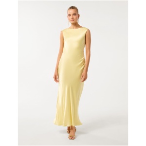 Forever New Women's Eileen Open Back Satin Maxi Dress in Lemon Meringue