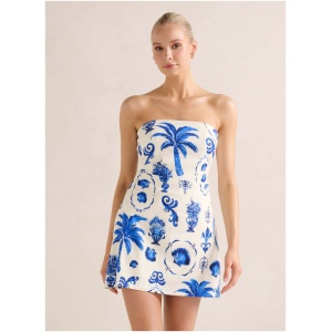 Forever New Women's Ginny Stretch Linen Tuck Side Mini Dress in Hydra Tile