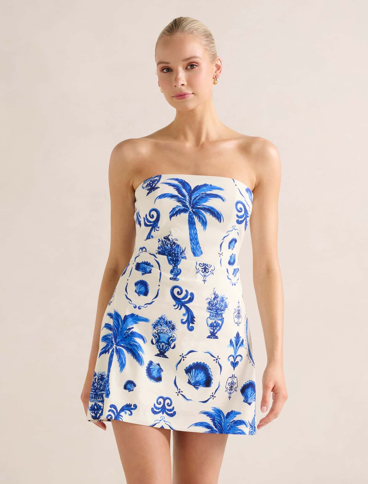 Forever New Women's Ginny Stretch Linen Tuck Side Mini Dress in Hydra Tile