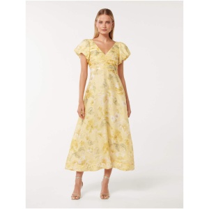 Forever New Women's June Ruched V-Neck Midi Dress in Gold Layla Botanical