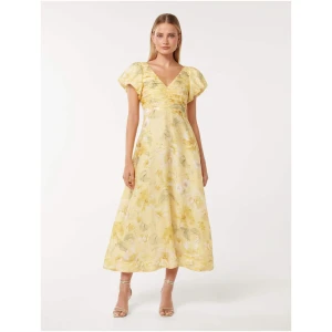 Forever New Women's June Ruched V-Neck Midi Dress in Gold Layla Botanical