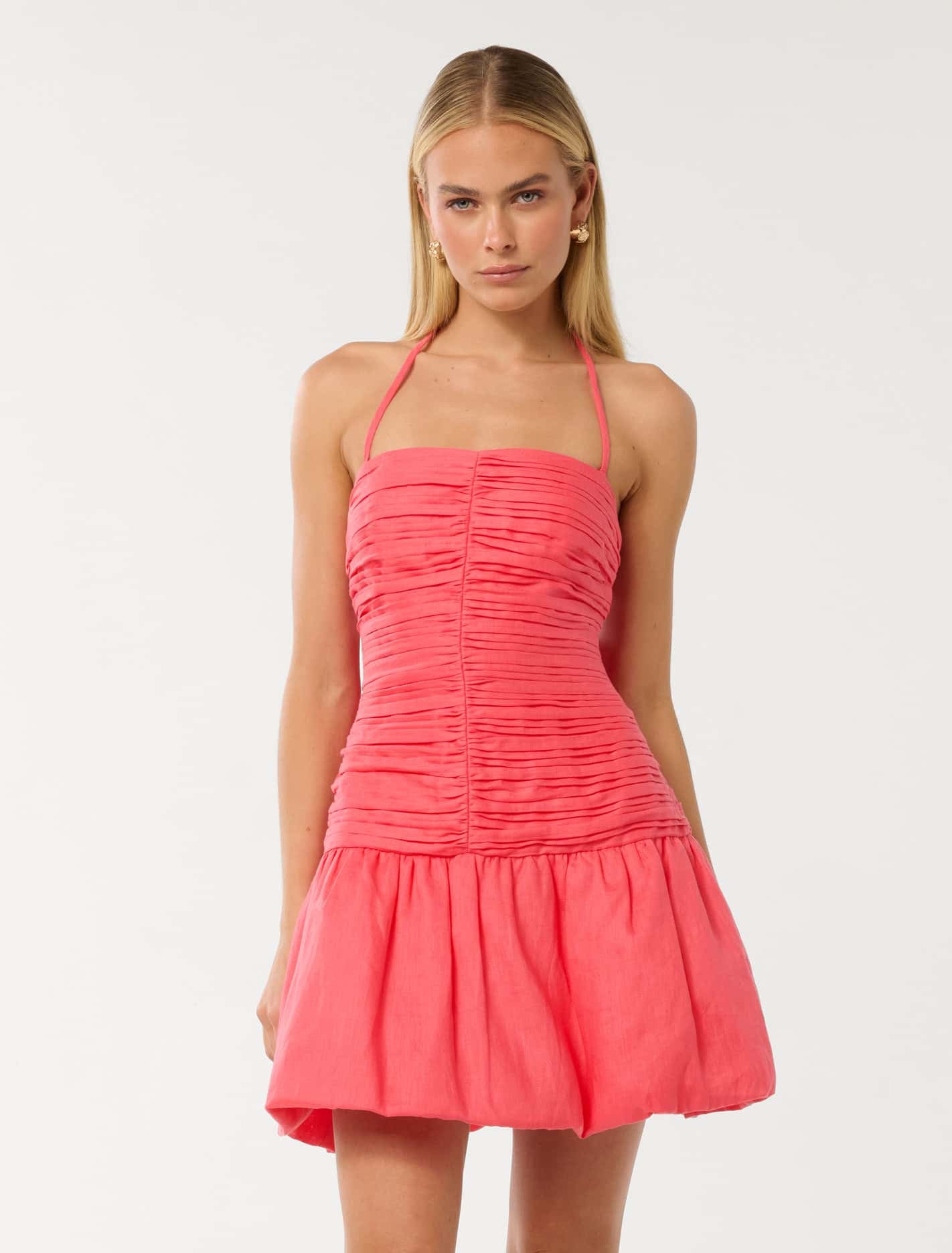 Forever New Women's Kaia Ruched Bubble-Hem Mini Dress in Coral Paradise