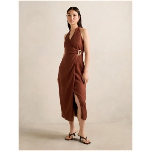 Forever New Women's Livia Linen Hardware Wrap Midi Dress in Warm Clay