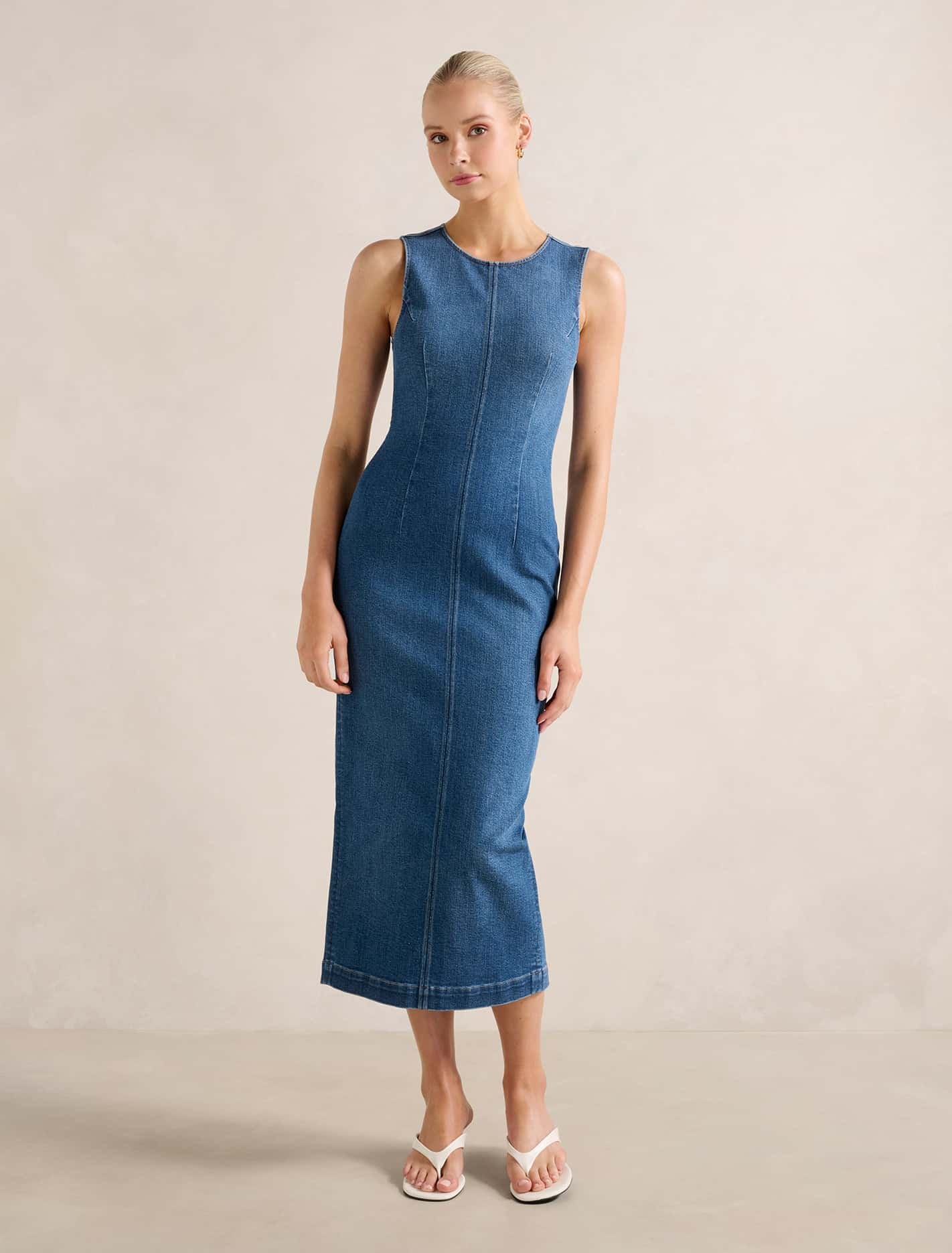Forever New Women's Tara Denim Midi Dress in Mid Wash