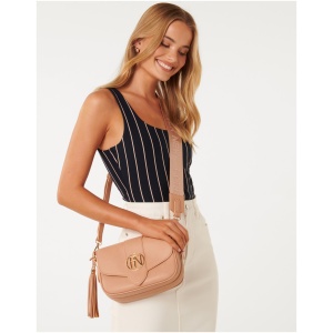 Forever New Women's Thea Tassel Saddle Bag Signature in Camel