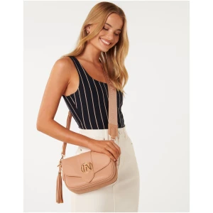 Forever New Women's Thea Tassel Saddle Bag Signature in Camel