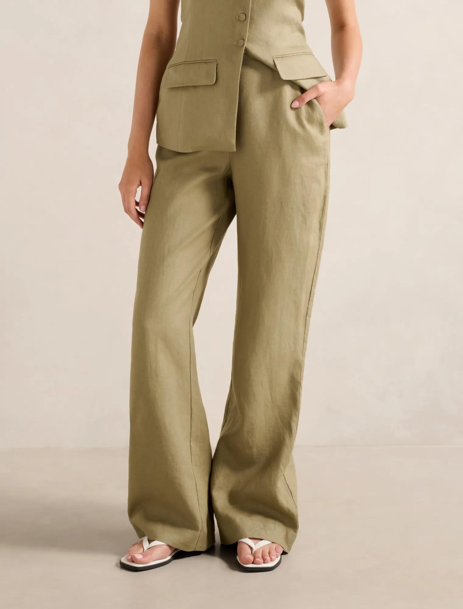 Forever New Women's Tia Linen Wide Leg Pants in Washed Khaki Set