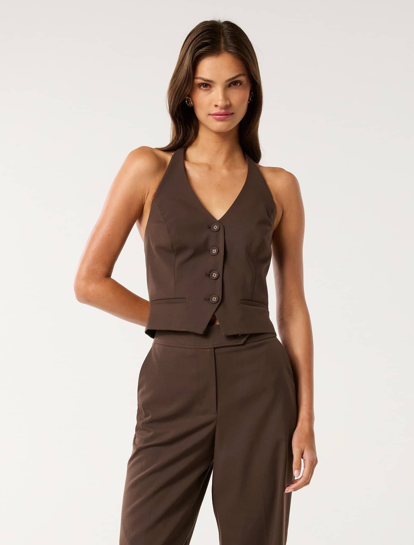Forever New Women's Tyla Cropped Vest Top in Chocolate Co-Ord