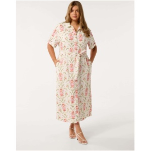 Forever New Women's Willow Curve Short Sleeve Linen Midi Dress in Pink Harmony Floral